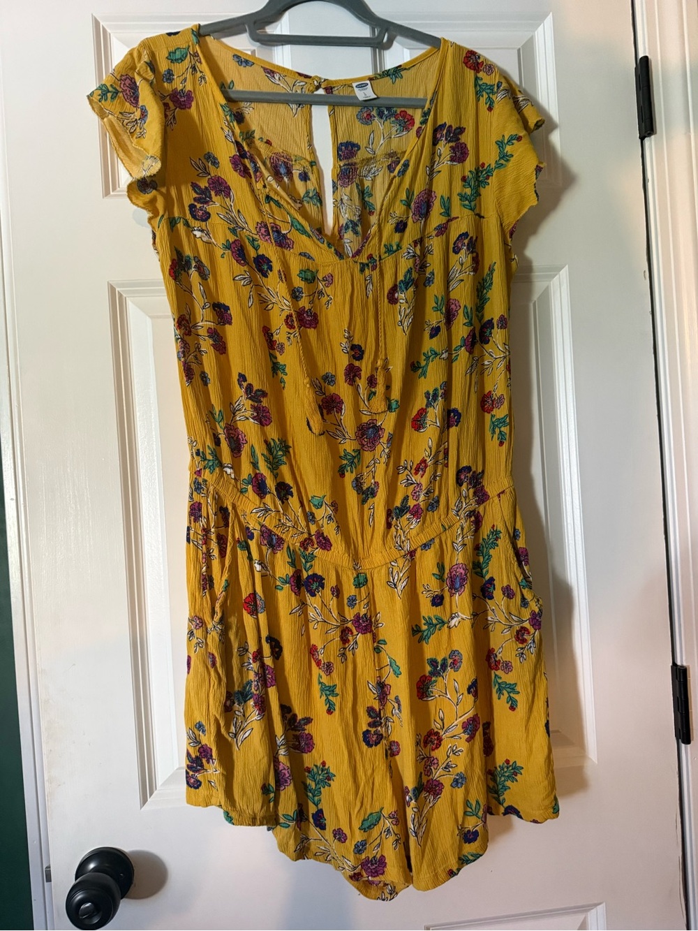 Floral V-Neck Short Sleeve Romper in Mustard Yellow
